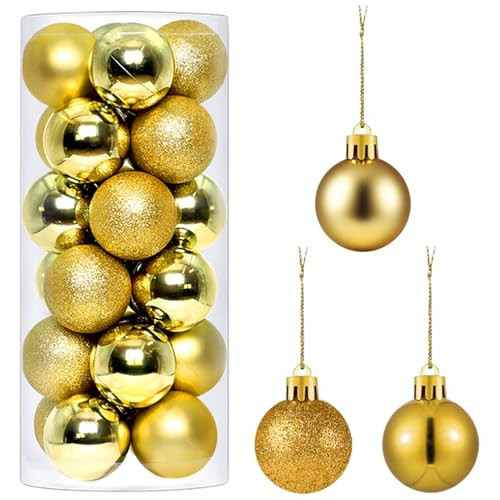 24 Pieces Mini Christmas Ball Ornaments 1.57 Inch Xmas Shatterproof Plastic Hanging Ball Pendant Decor for Christmas Wreath Garlands and Miniature Xmas Tree Wedding Party Holiday Decoration,Gold | Amazon (US)