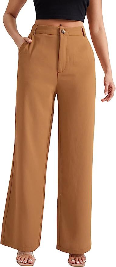 SheIn Women's High Waist Straight Leg Pants Solid Zipper Fly Long Trousers | Amazon (US)