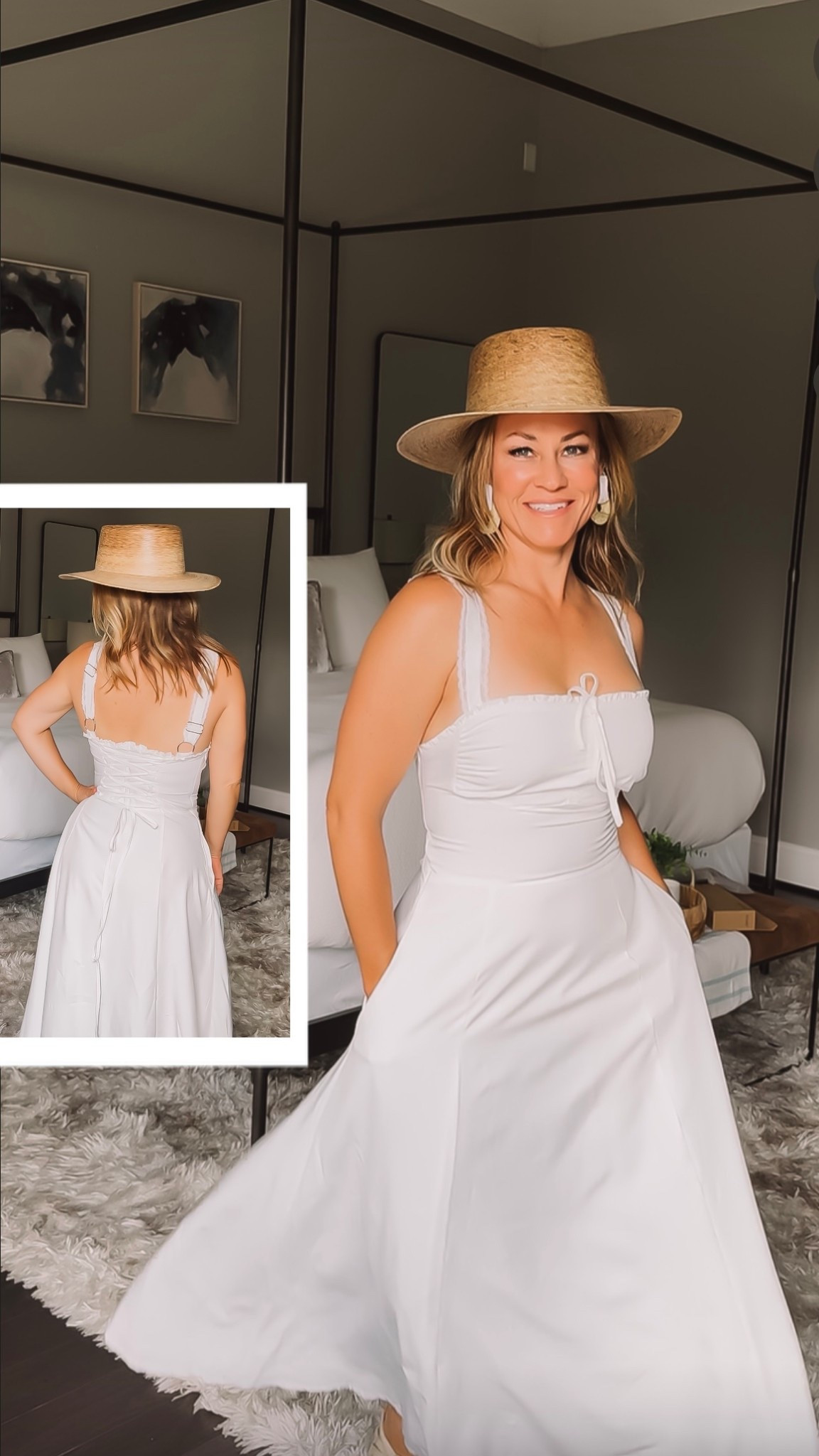 This flowy, lightweight dress has pockets, the cutest tie back and is perfect for beach photos, strolling the streets in Europe or family photos! I’m 5’2” so the dress fits like a maxi on me but would be a midi on taller ladies.

The hat is THE BEST BEACH HAT and the quality is 👌🏼

#LTKOver40 #LTKTravel #LTKPetite