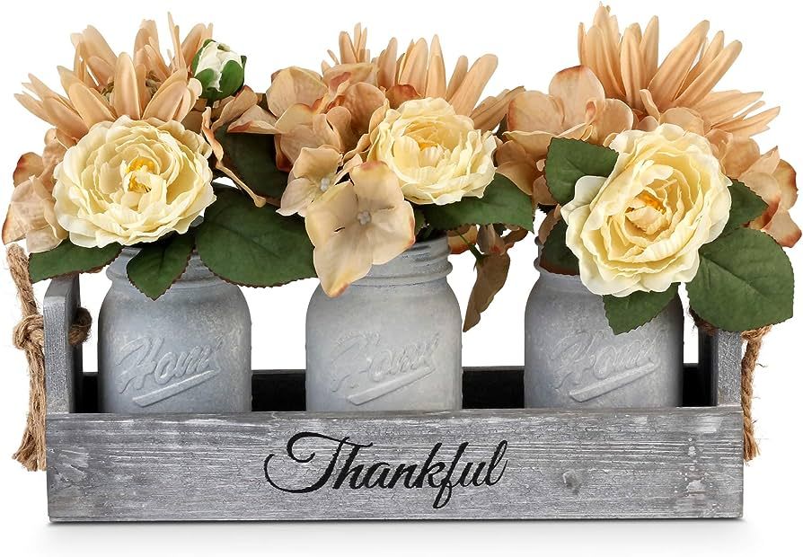 Besuerte Farmhouse Mason Jar Centerpieces, Rustic Country Home Table Decor with 3 White Painted M... | Amazon (US)