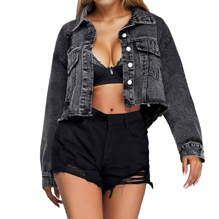 Shirts for Women Clearance! Ogiraw Women Denim Tops Long Sleeve Cropped Jean Jacket Distressed Ri... | Walmart (US)