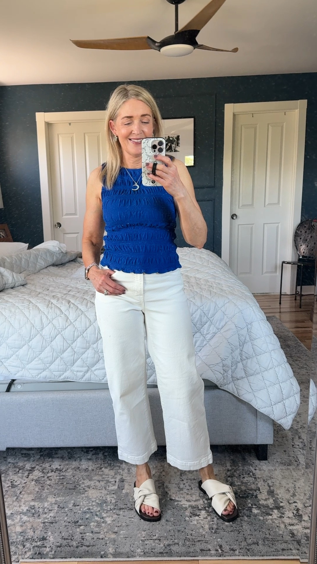 Summer outfit idea with with jeans. @Madewell white denim size 25 and cobalt blue smocked tank top size XS.

Date night outfits, workwear outfits, business casual outfits, teacher outfits, fashion over 50, fashion over 50, affordable fashion

#LTKootd #LTKgrwm #LTKOver40