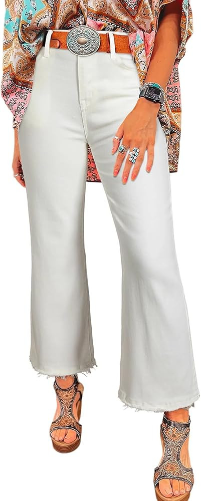 Astylish Womens High Waisted Jeans Stretchy Flared Straight Leg Loose Trendy Raw Hem Denim Pants | Amazon (US)