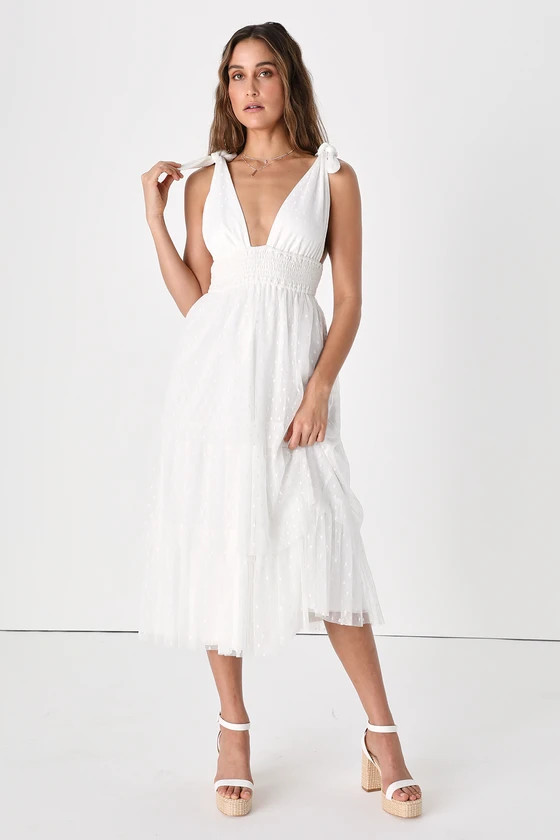 Tier's to Us White Swiss Dot Tie-Strap Tiered Midi Dress | Lulus (US)