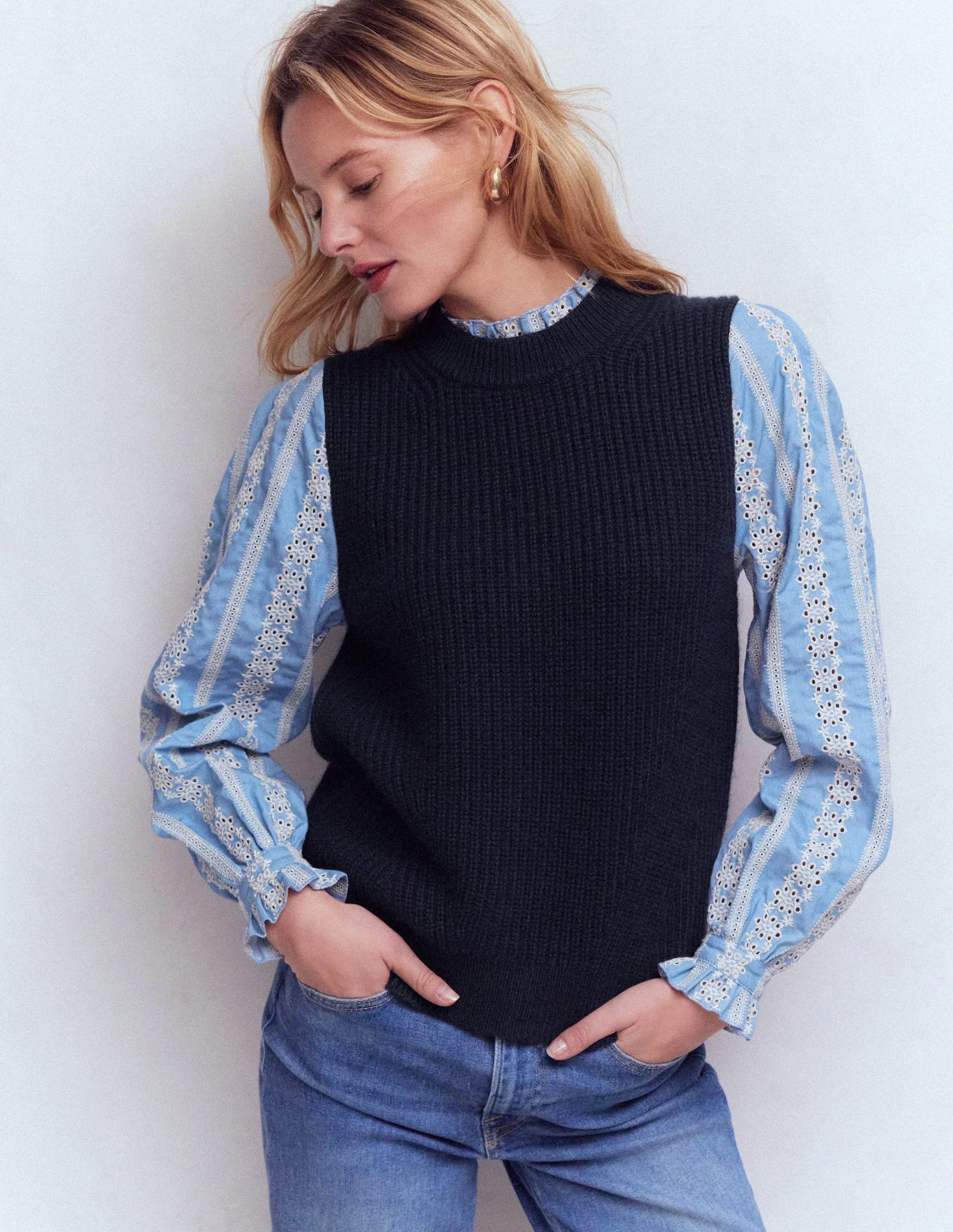 Knit and Woven Mix Jumper-Navy | Boden (US)