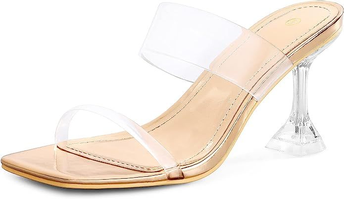mysoft Women's Clear Heeled Sandals Square Toe Transparent Stiletto Mules Open Toe Slip on Dress ... | Amazon (US)