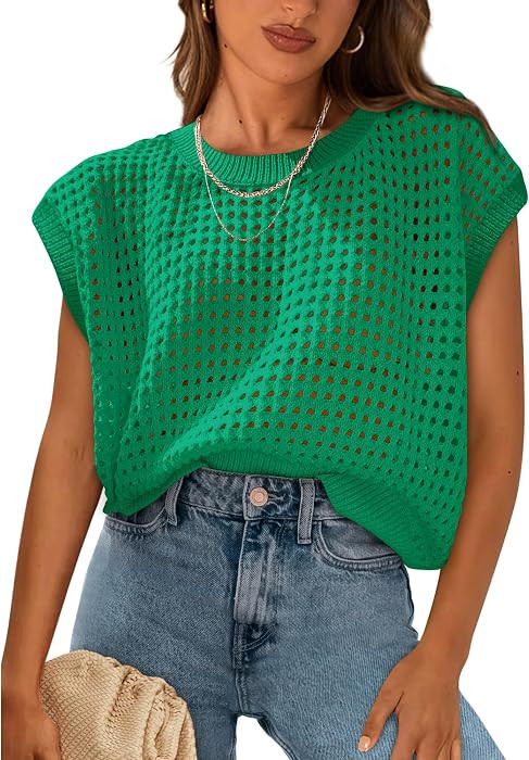 PRETTYGARDEN Women's Summer Crochet Cap Sleeve Sweater Tops | Amazon (US)