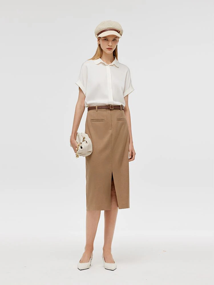 Basic Straight Slit Women Skirt With Belt | GOELIA