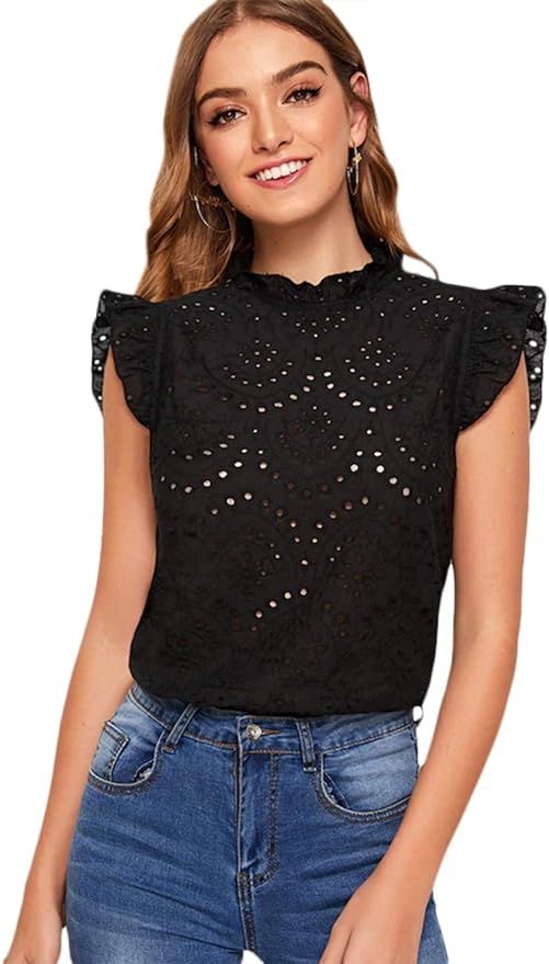 Romwe Women's Sleeveless Ruffle Stand Collar Embroidery Button Slim Blouse Top | Amazon (US)