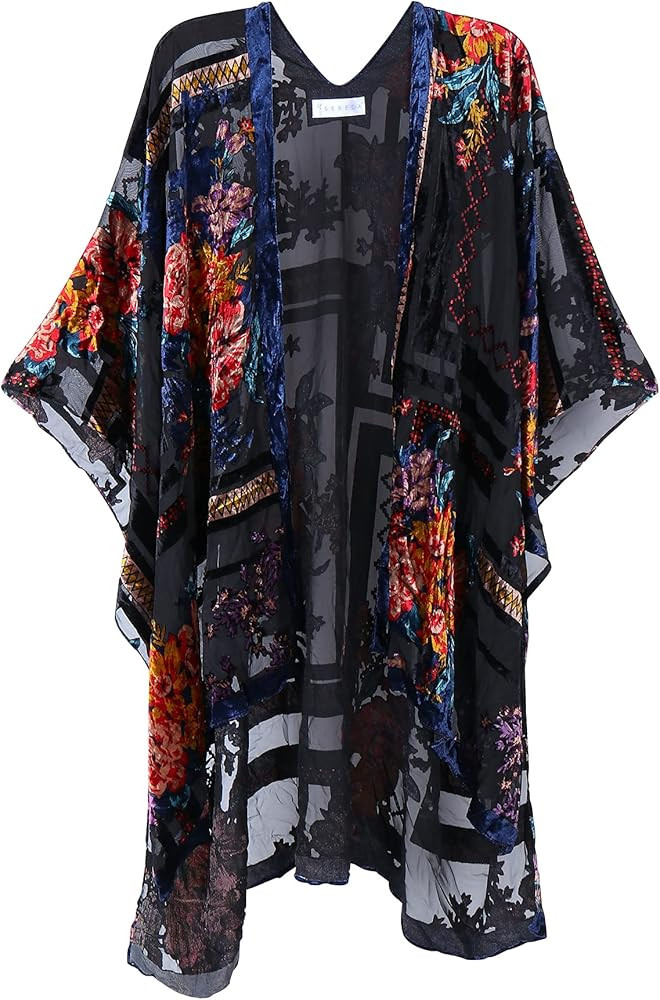 Women's Burnout Velvet Kimono Long Cardigan Cover Up Without Tassel | Amazon (US)