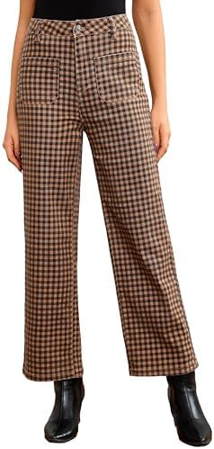 Plaid Pants for Women High Waist Wide Leg Jeans Stretchy Denim Pants Casual Gingham Trousers with... | Amazon (US)