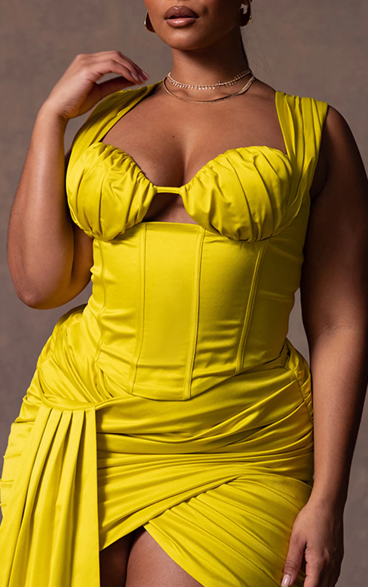 Plus Chartreuse Constructed Satin Ruched Bust Corset | PrettyLittleThing US