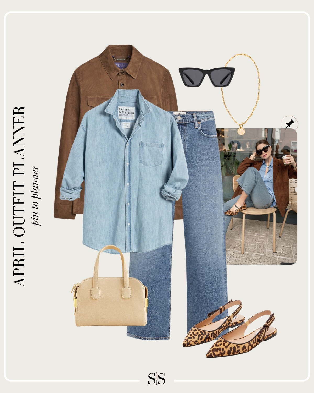 Monthly outfit planner APRIL: Spring transitional looks, pin to planner outfit inspo | chambray button up, suede jacket, cropped straight jean, sling back leopard flats 

#springoutfit #casualstyle 

Image credit: Threads


#LTKStyleTip