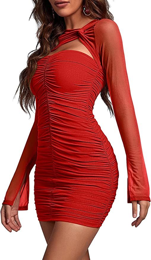 Amazon.com: GOKATOSAU Women's Sexy Sheer Mesh Long Sleeve Cut Out Twist Bodycon Ruched Mini Dress... | Amazon (US)