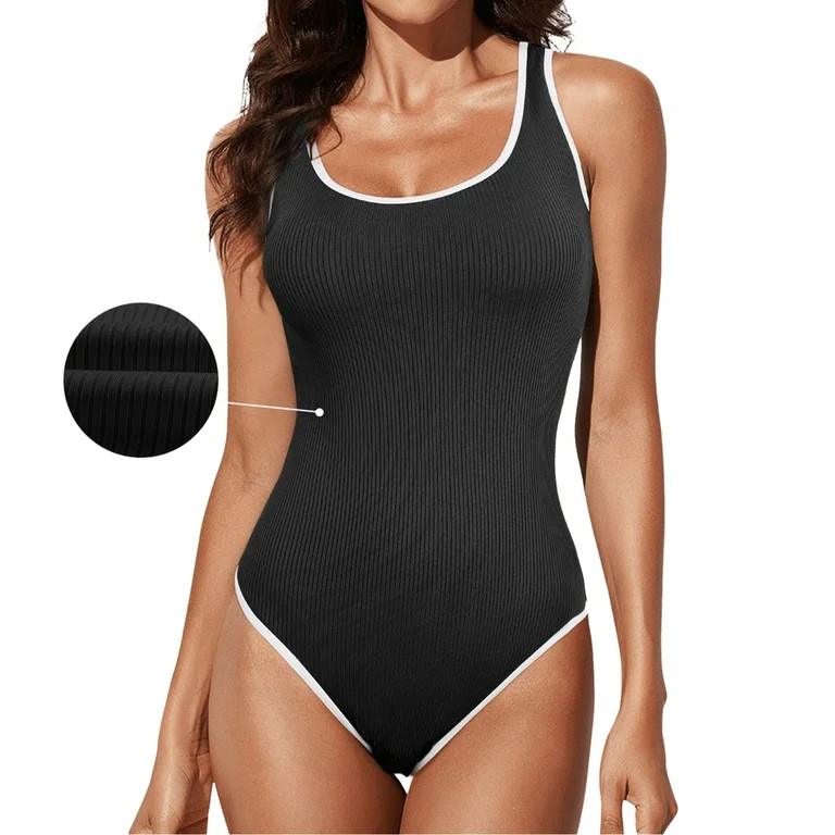 DOKOTOO Women's One Piece Swimsuit Tummy Control High Cut Bathing Suit Ribbed Round Neck Sporty S... | Walmart (US)