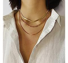 Foyjoey 18K Gold Necklace for Women Stainless Steel Double Layered Green CZ Flat Herringbone Snak... | Amazon (CA)