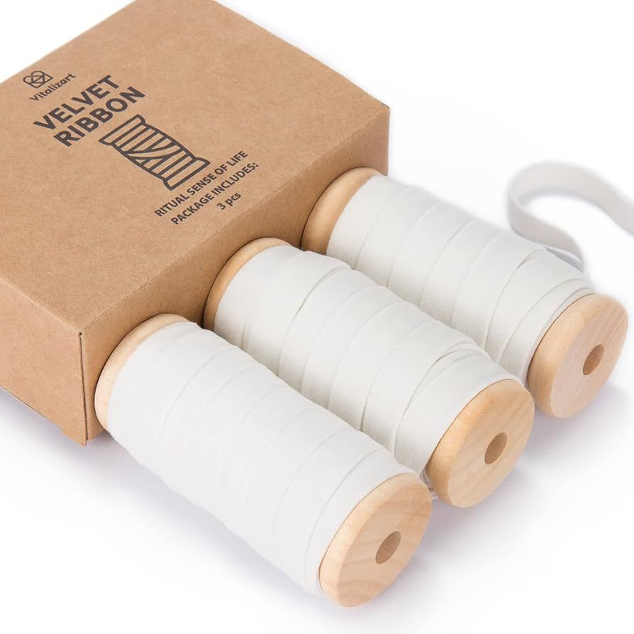 Vitalizart White Velvet Ribbon Set 3/8"" x 15Yd Wooden Spool Fabric Trim Eco-Friendly 3 Rolls * 5... | Amazon (US)