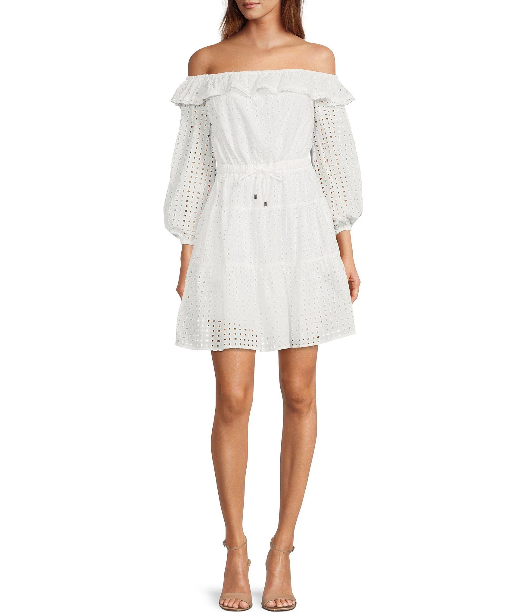 Ashley Off-the-Shoulder 3/4 Blouson Sleeve Ruffle Drawstring Tie Waist Eyelet Tiered Dress | Dillards