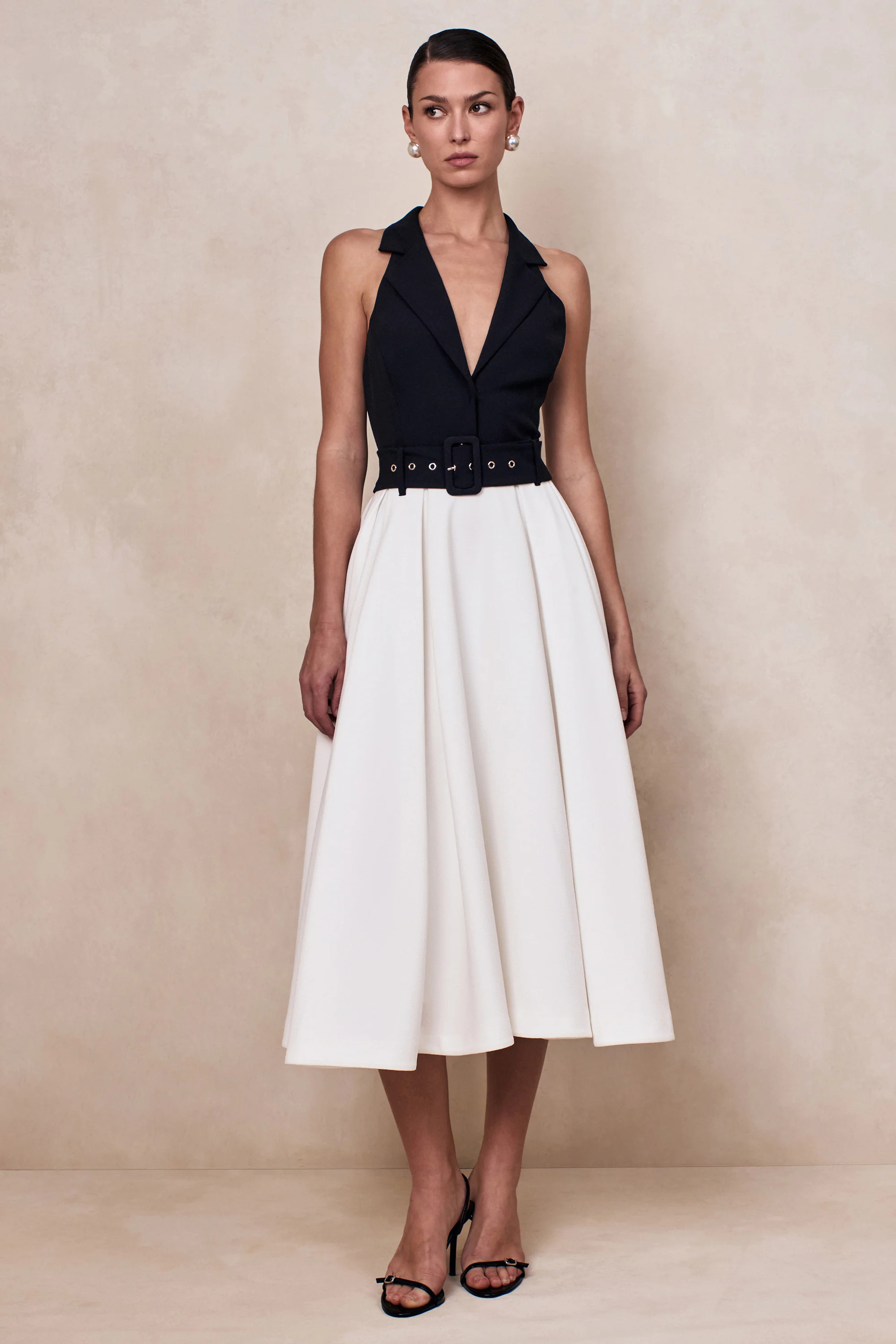 Alessa | Black & White Plunge-Neck Tailored Midi Dress | Club L London