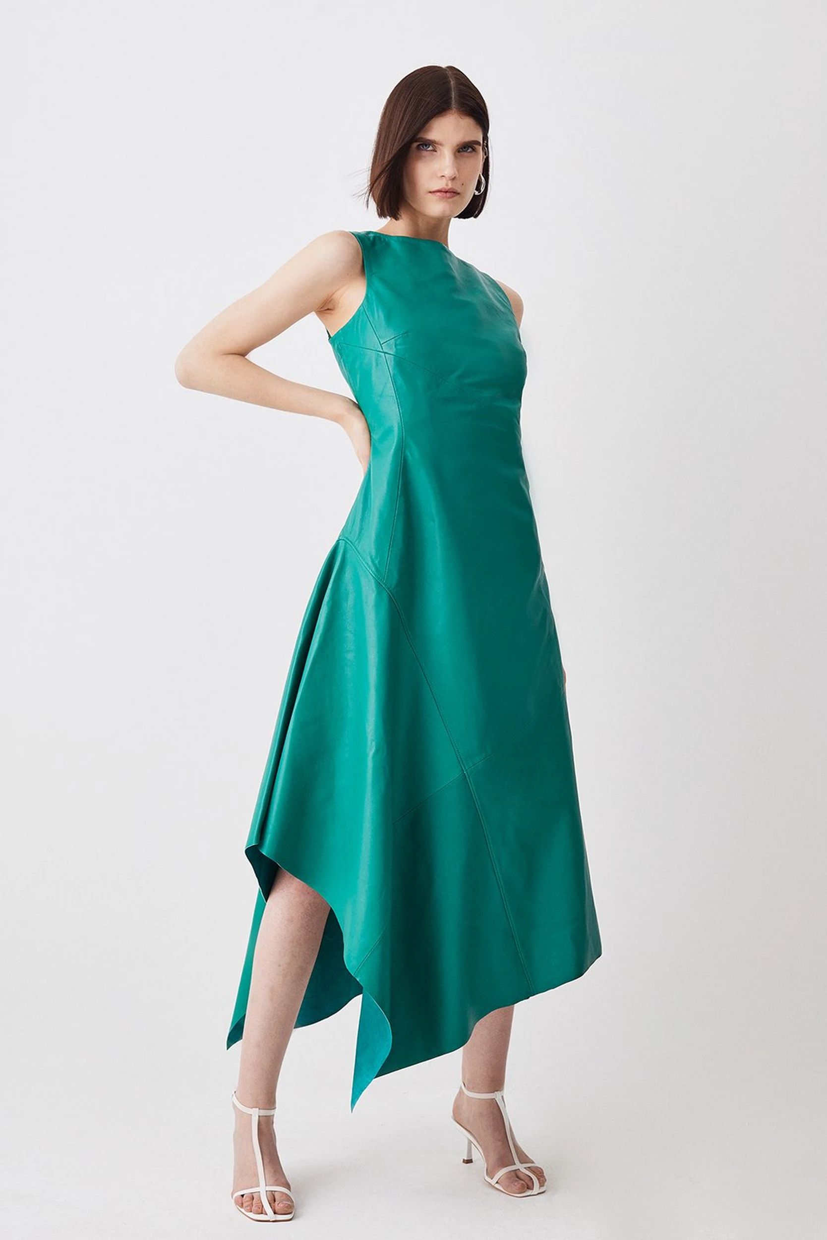 Leather Sleeveless Statement Drape Midi Dress | Karen Millen US