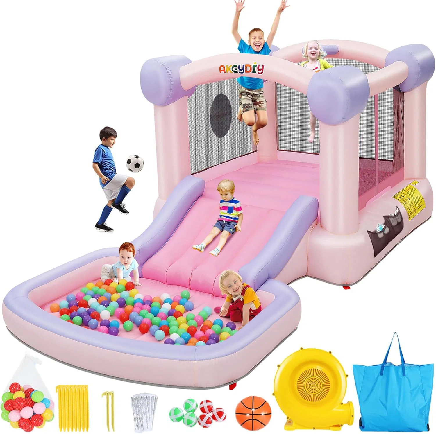 13.4' x 6.9' Inflatable Bounce House with Slide, Air Blower, Basketball Hoop for Backyard Play, Party | Wayfair North America