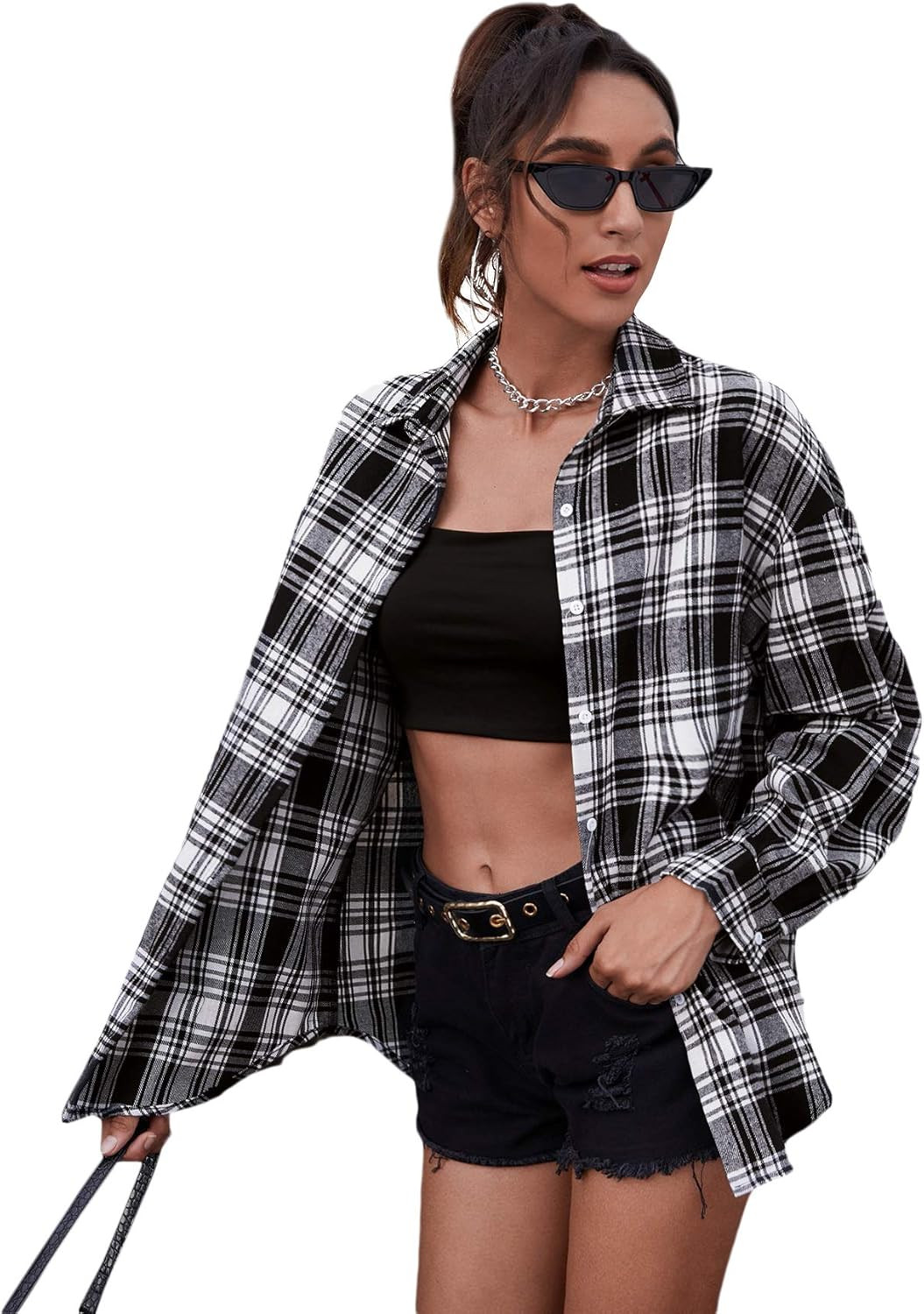 SweatyRocks Women's Long Sleeve Collar Long Button Down Plaid Shirt Blouse Tops | Amazon (US)