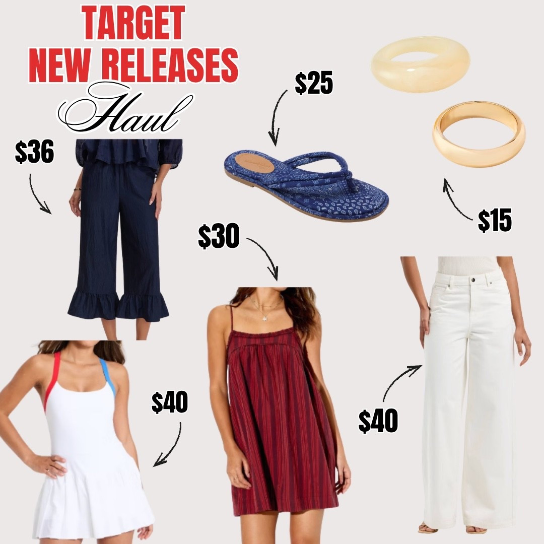 @Target new releases are giving everything right now and I could not keep this haul to myself for one more second 🎯❤️✨ The navy ruffle hem wide leg pants are so incredibly chic and feminine at $36, the burgundy stripe mini dress is giving the most effortless summer energy at $30, the white wide leg jeans are a total wardrobe staple at $40, and those $15 chunky rings are genuinely the most beautiful jewelry find I have seen at this price point in a long time. Add in the sporty color block tennis dress and bandana flip flops and this is the complete summer wardrobe refresh that costs less than one designer piece.