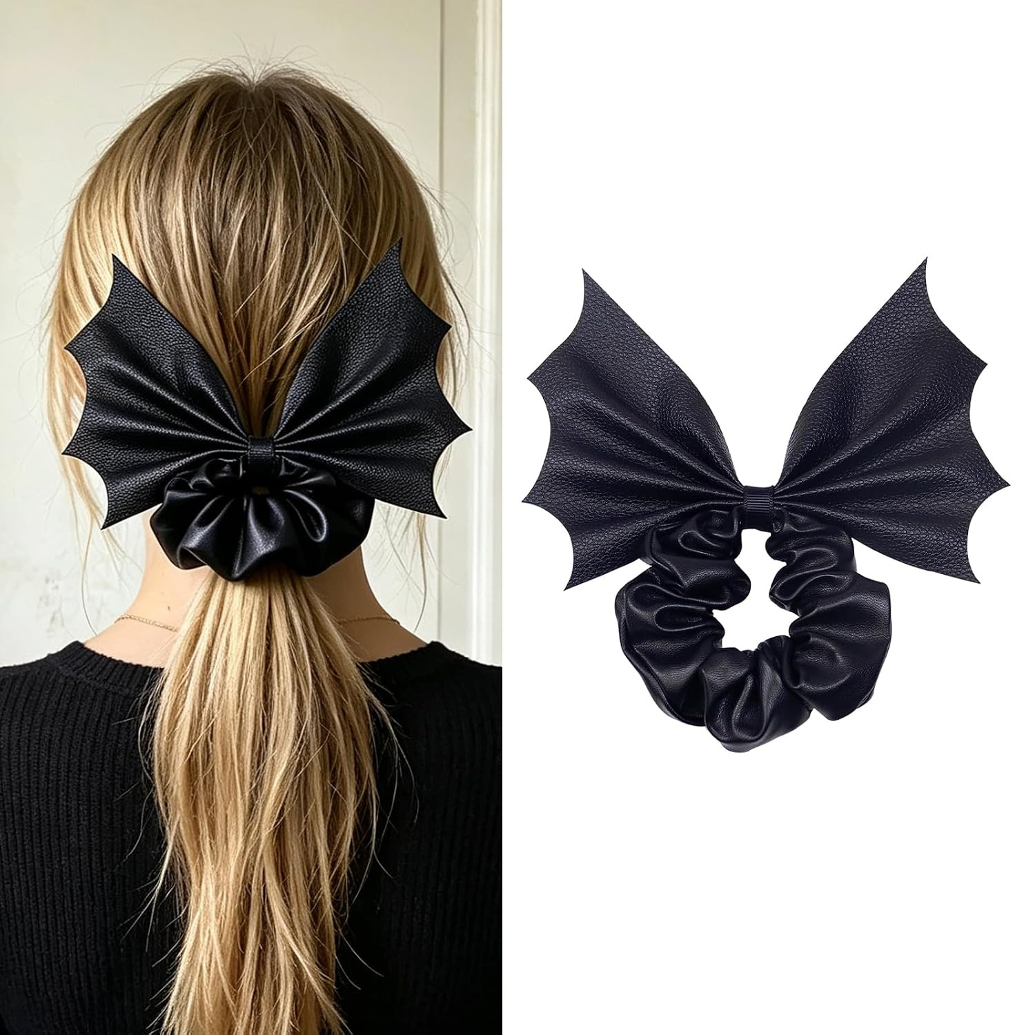 Halloween Bat Wing Hair Scrunchie Black Faux Leather Bow Elastic Hair Tie | Amazon (US)