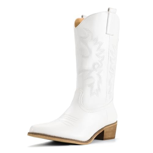IDIFU White Cowboy Boots for Women Cowgirl Western Mid Calf Embroidered Chunky Low Heel Pointed Toe Country Dress Cute Fashion Comfortable Boots Booties(White Pu, 7) | Amazon (US)
