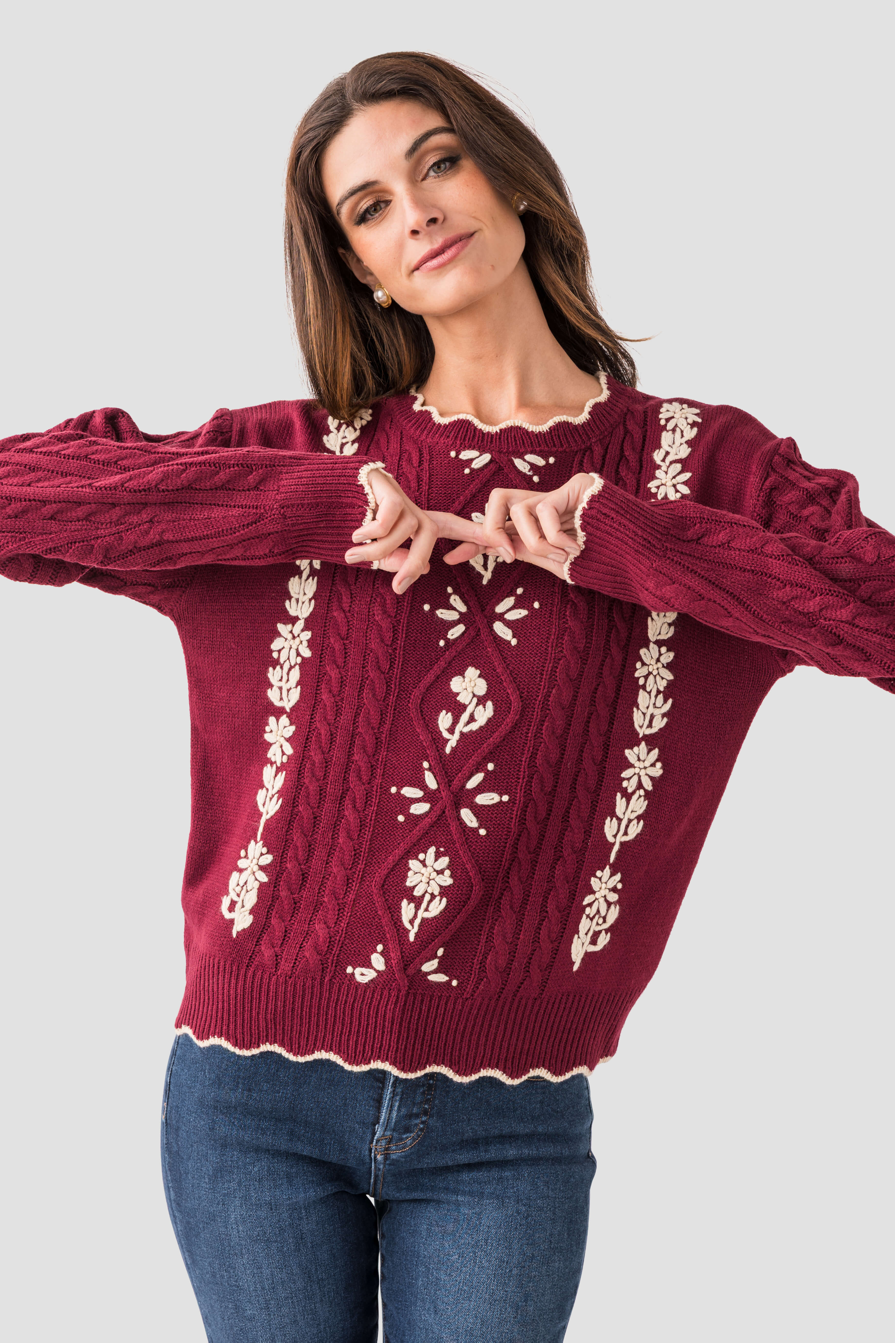 Listicle Floral Embroidered Cable Knit Sweater | Social Threads