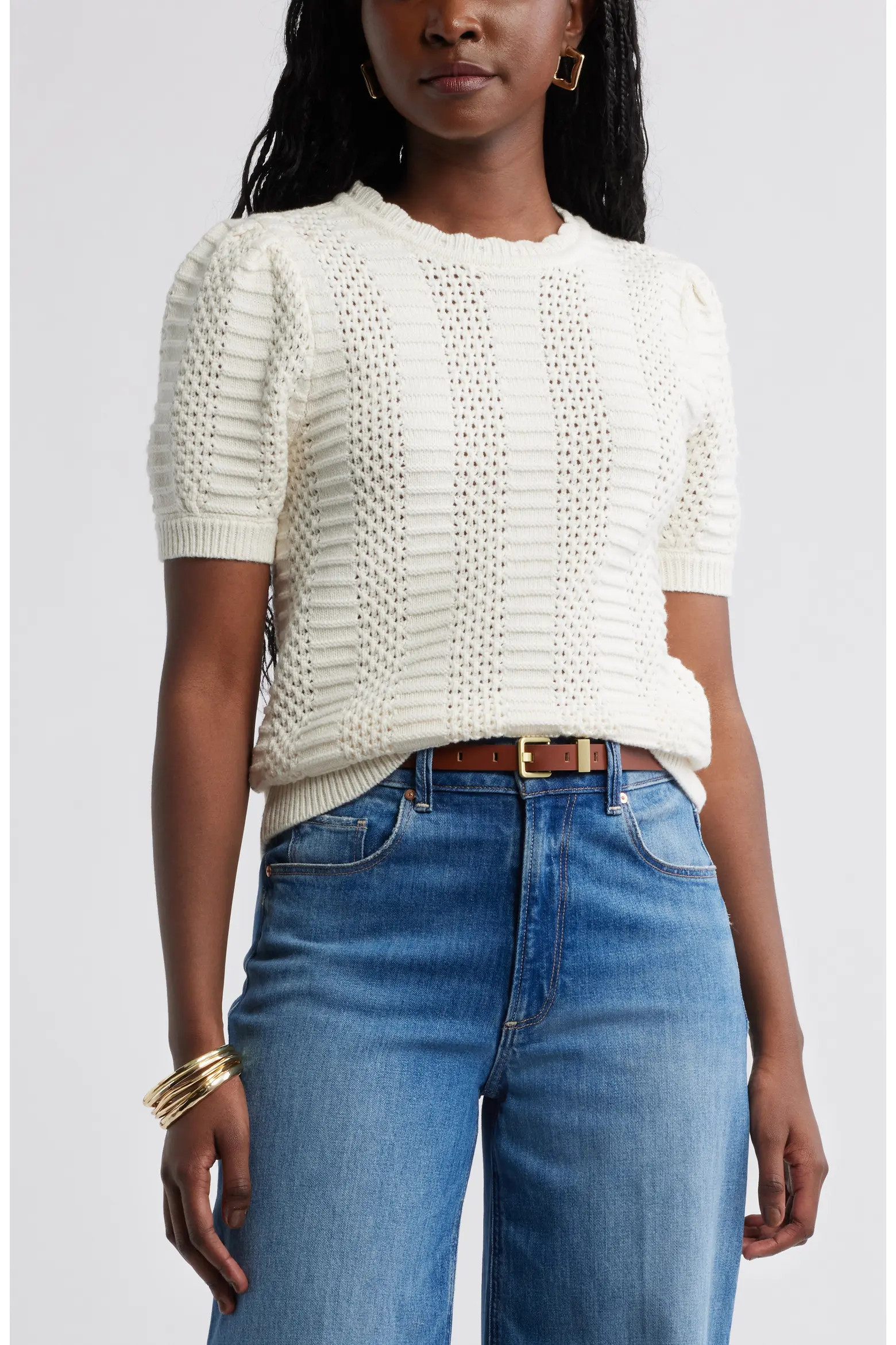 Mixed Stitch Short Sleeve Pima Cotton & Merino Wool Sweater (Women) | Nordstrom | Nordstrom