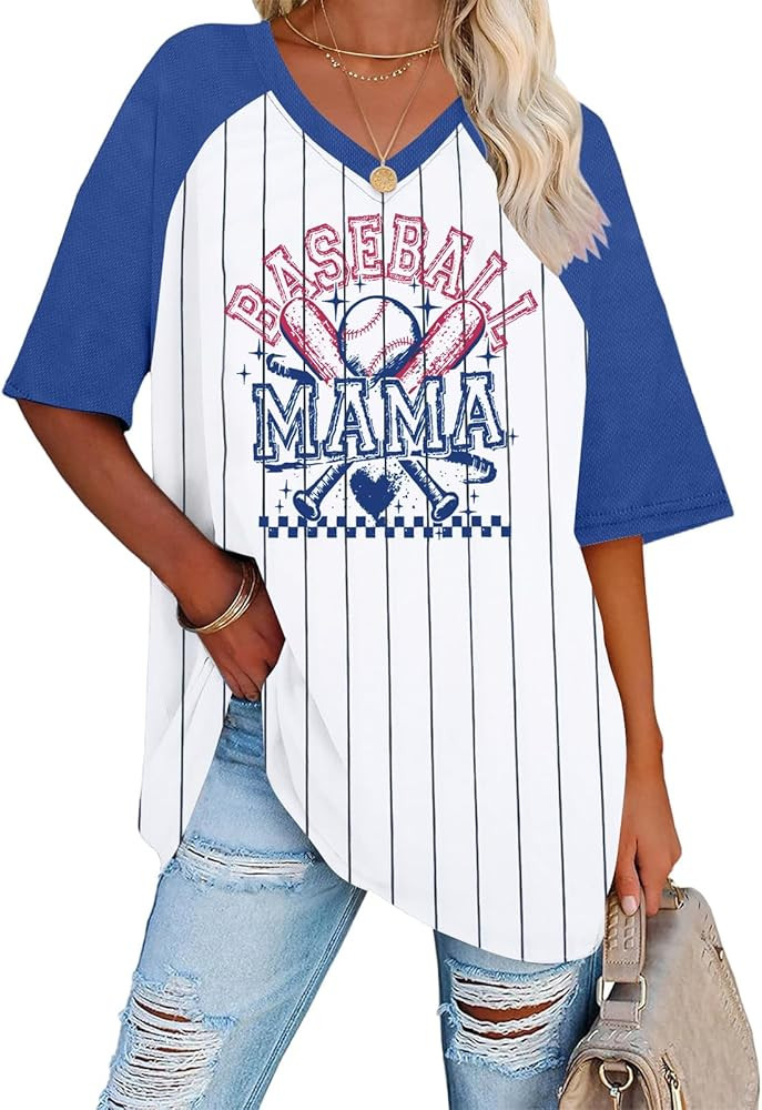 Baseball Mama Shirt Women Oversized V Neck Baseball Shirts Game Day Raglan Tee Tops | Amazon (US)