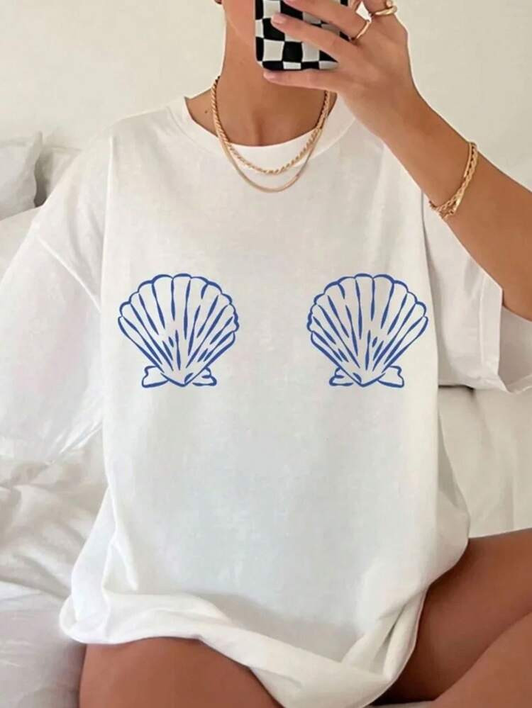 Women's White & Blue Tropical Seashell & Starfish Print T-Shirt - Soft Breathable Short Sleeve Beach Shirt, Loose Fit Casual Summer Top With Turquoise Shell Design, Machine Washable For Pool Parties, Vacation Outfits & Casual Attire | SHEIN