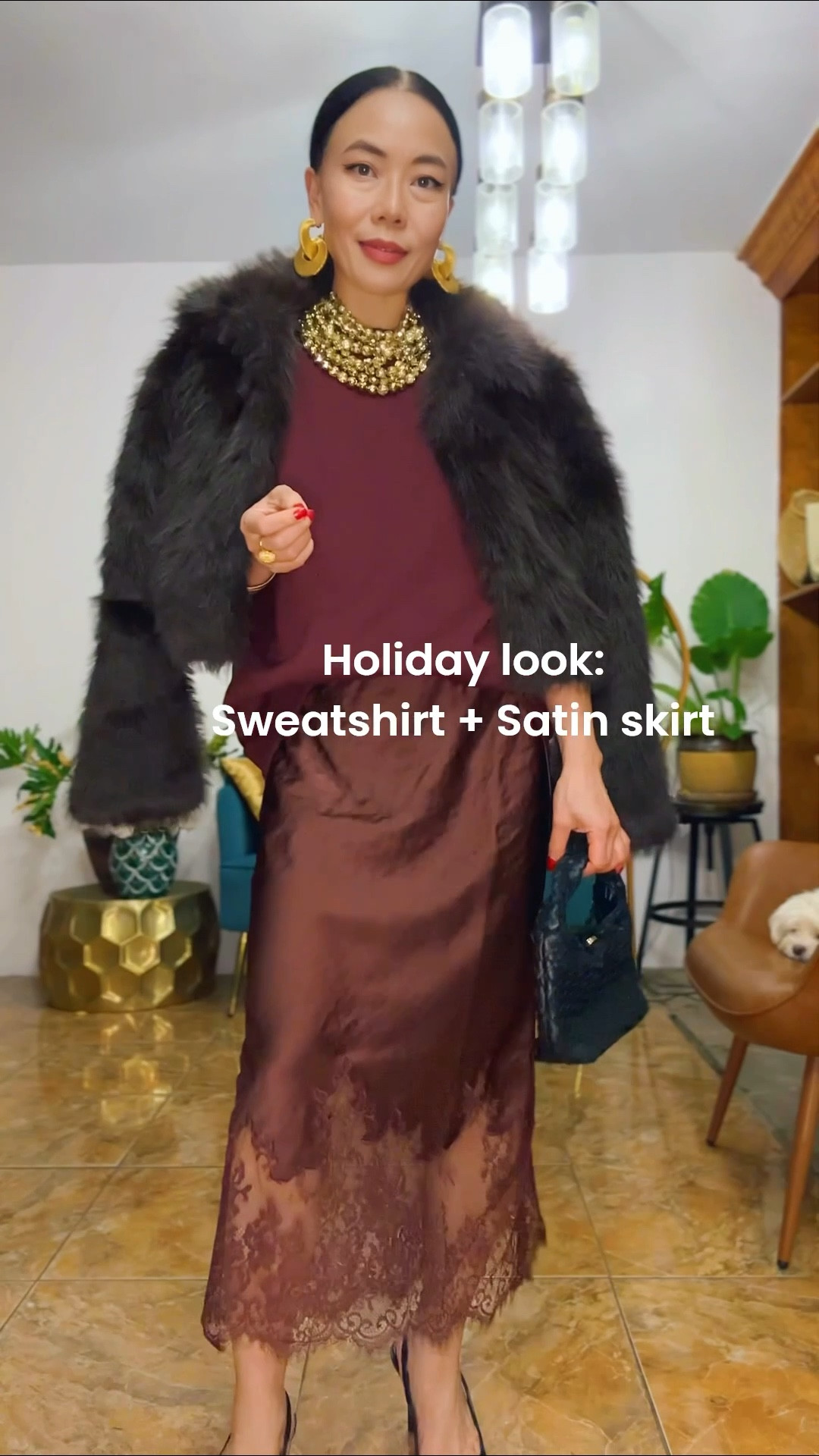 Holiday look: sweatshirt + satin lace hem skirt. Just need to add some ✨✨✨

#LTKHoliday #LTKFindsUnder100