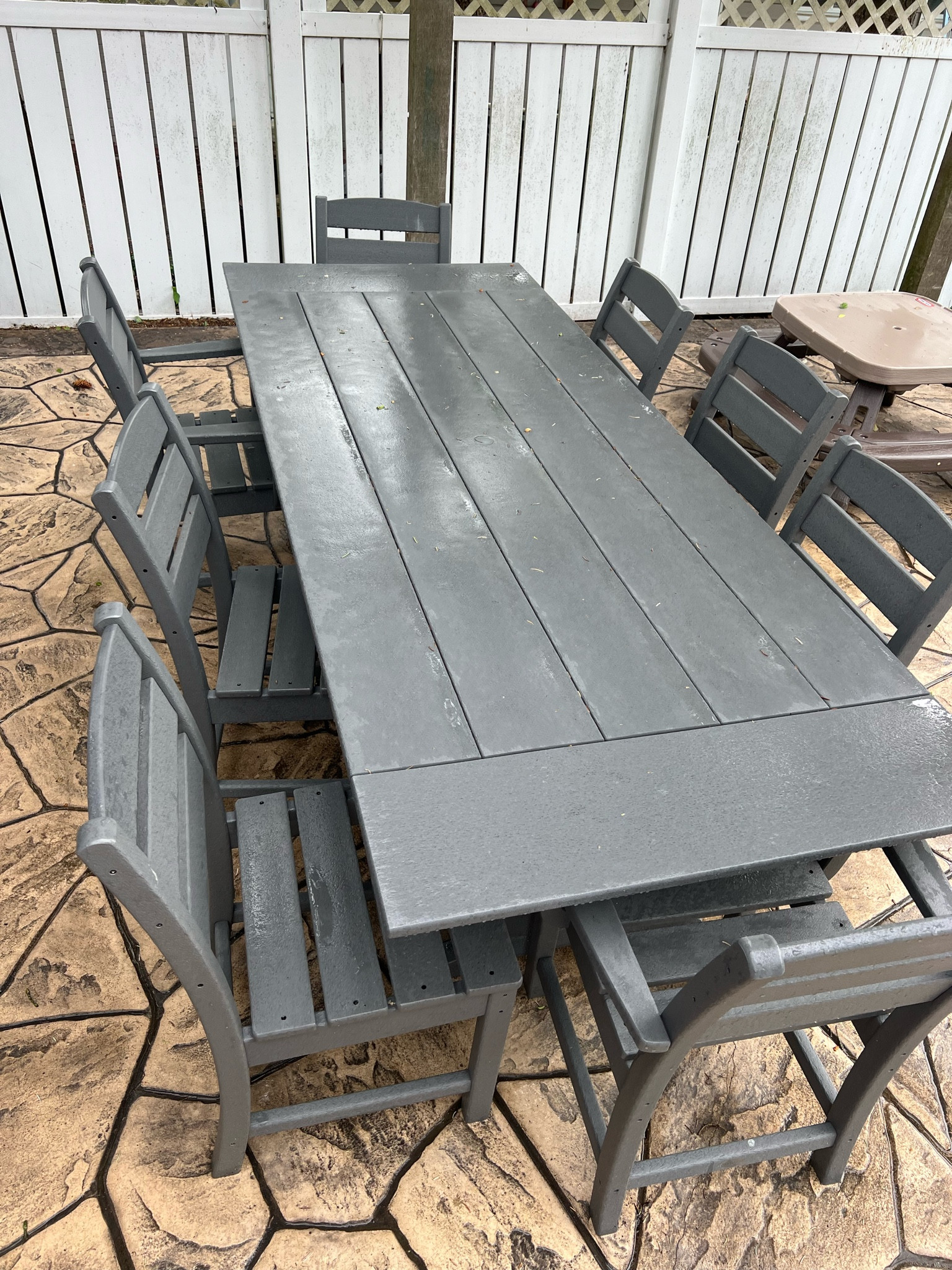 We are obsessed with our outside Polywood dining set! This is the Lakeside Farmhouse set. The regular size 6 chair table is 20% off for Memorial Day! We got the bigger 8-10 seater which is not on sale and only sold on the Polywood website directly. Cannot recommend it more - there is a 20 year warranty on their products. They are completely weather resistant!