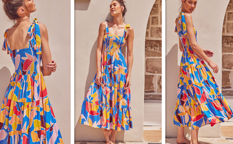 kinstell Women's Summer Boho Spaghetti Strap Square Neck Ruffle Casual Flowy Long Dress Beach Swi... | Amazon (US)