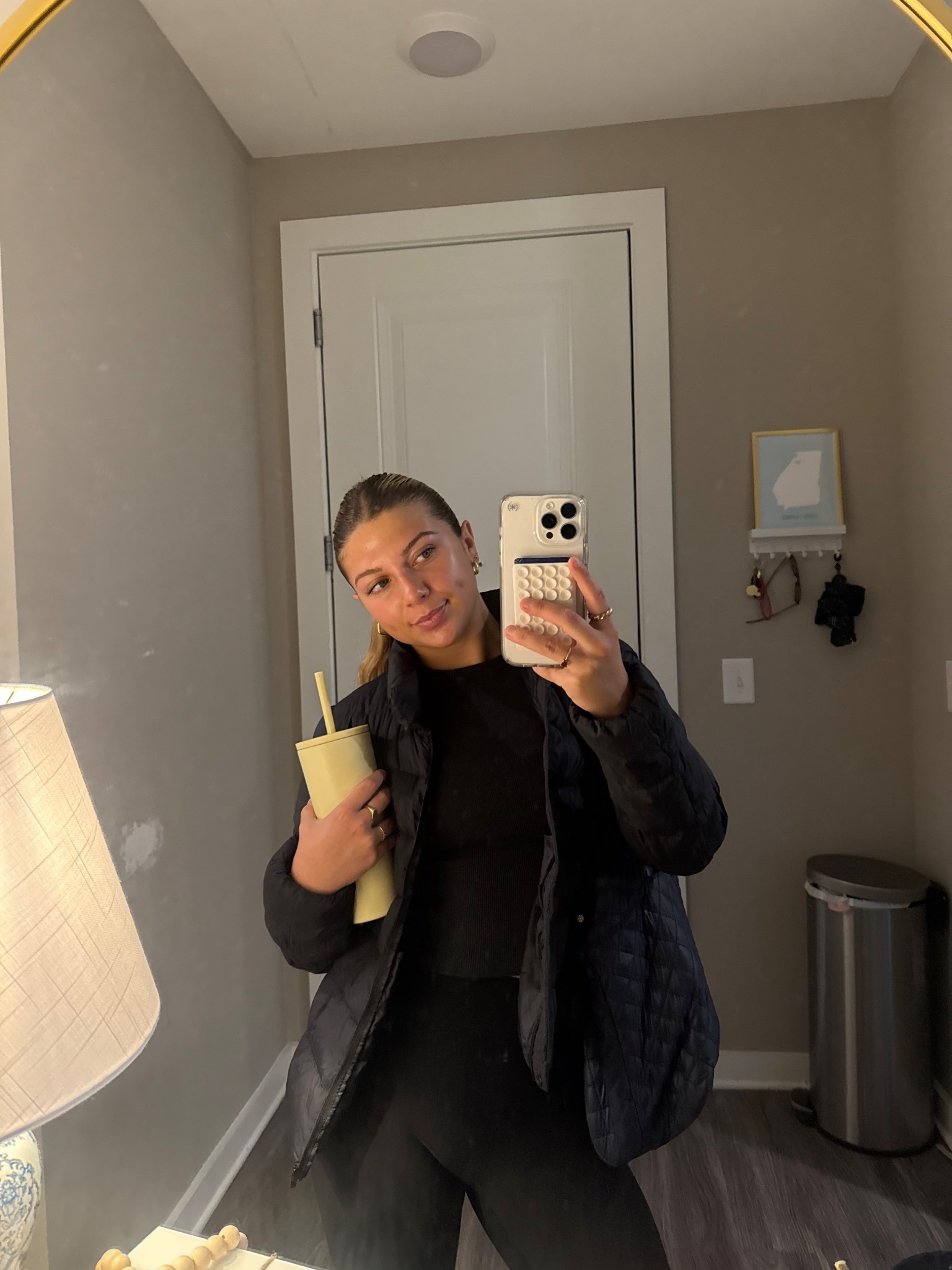 Athletic Everyday Wear
Black puffer jacket 
Simple Modern Water Bottle 
Black T shirt 
Skims Shirt 
Black Leggings 
Tote Bag 

#LTKSeasonal #LTKStyleTip #LTKItBag