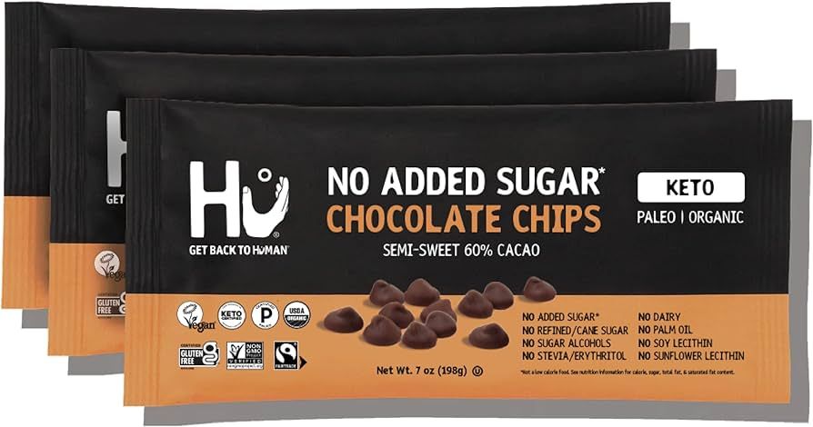 Hu No Added Sugar Chocolate Chips | 3 Pack | Keto, Organic, Paleo, Gluten Free, Dark Chocolate Ch... | Amazon (US)
