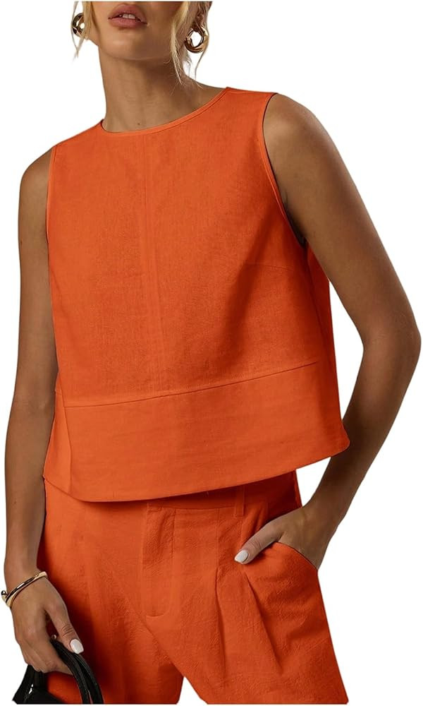 MakeMeChic Women's Linen Shirts Dressy Tops Summer Crop Tank Tops Sleeveless Blouse Work Shirts | Amazon (US)