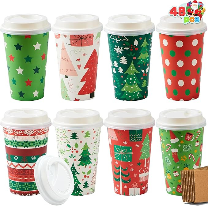 JOYIN 48 Pcs Merry Christmas Disposable Cups with Sleeves and Lids, 8 Designs Xmas Drinkware 16 o... | Amazon (US)