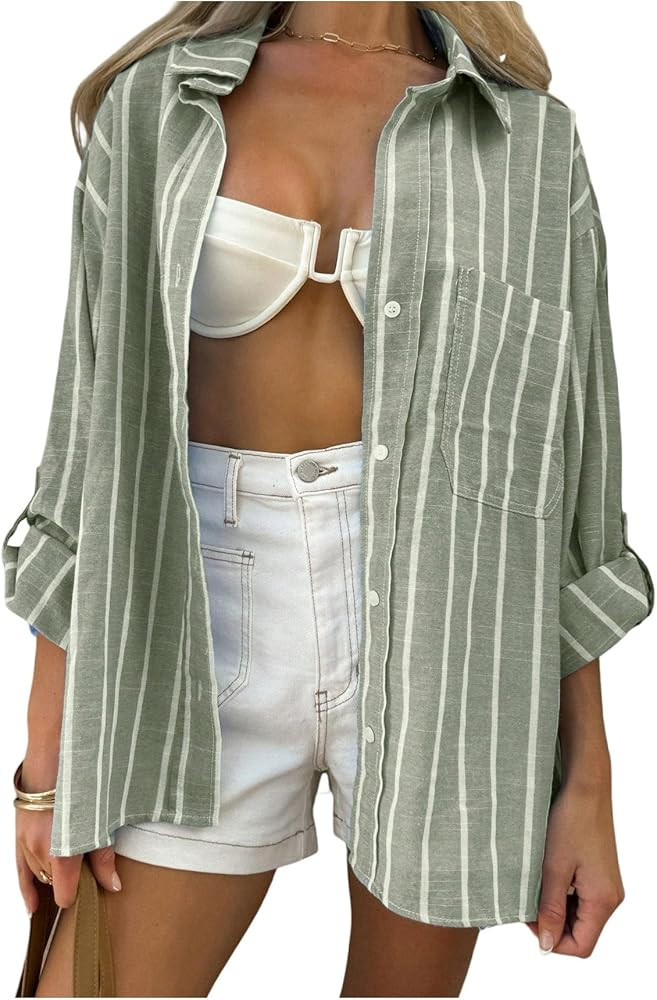 Verdusa Women's Striped Button Down Blouse Oversized Shirts Long Sleeve Tops Summer Vacation Outf... | Amazon (US)