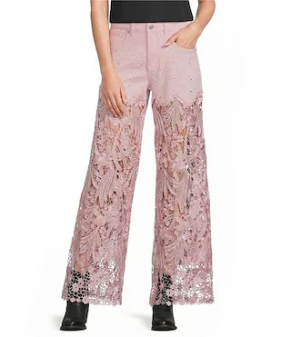 Stretch Denim High Rise Lace Embellished Wide Leg Ankle Jeans | Dillard's