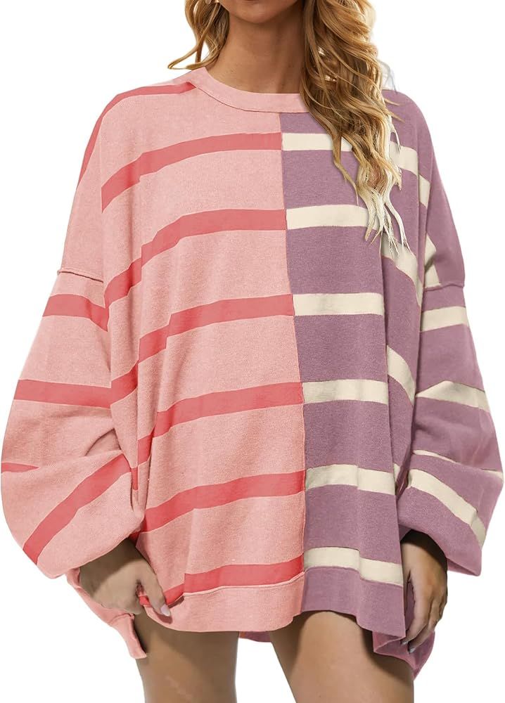 MISSACTIVER Women’s Oversized Striped Pullover Sweater Casual Loose Long Sleeve Color Block Rou... | Amazon (US)