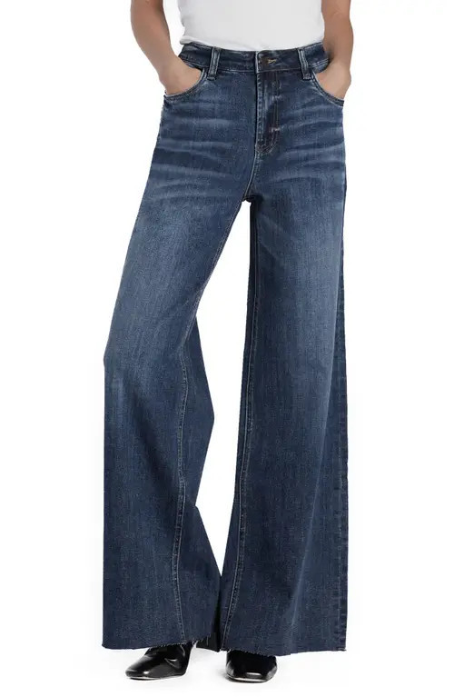 HINT OF BLU Happy Shaggy High Waist Raw Hem Wide Leg Jeans in Fray Blue at Nordstrom, Size 29 | Nordstrom