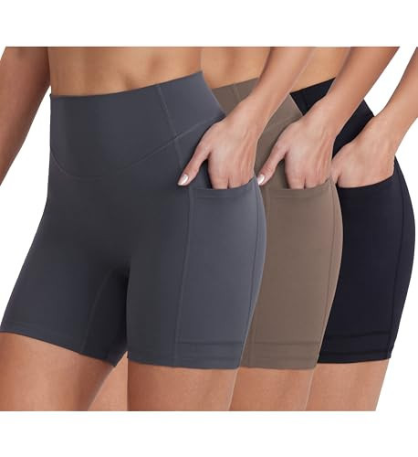 ENERBLOOM Biker Shorts for Women with Pockets, 5" Spandex Workout Shorts, Lightweight for Summer Cycling Running Yoga Gym Black Grey Coffee Medium | Amazon (US)