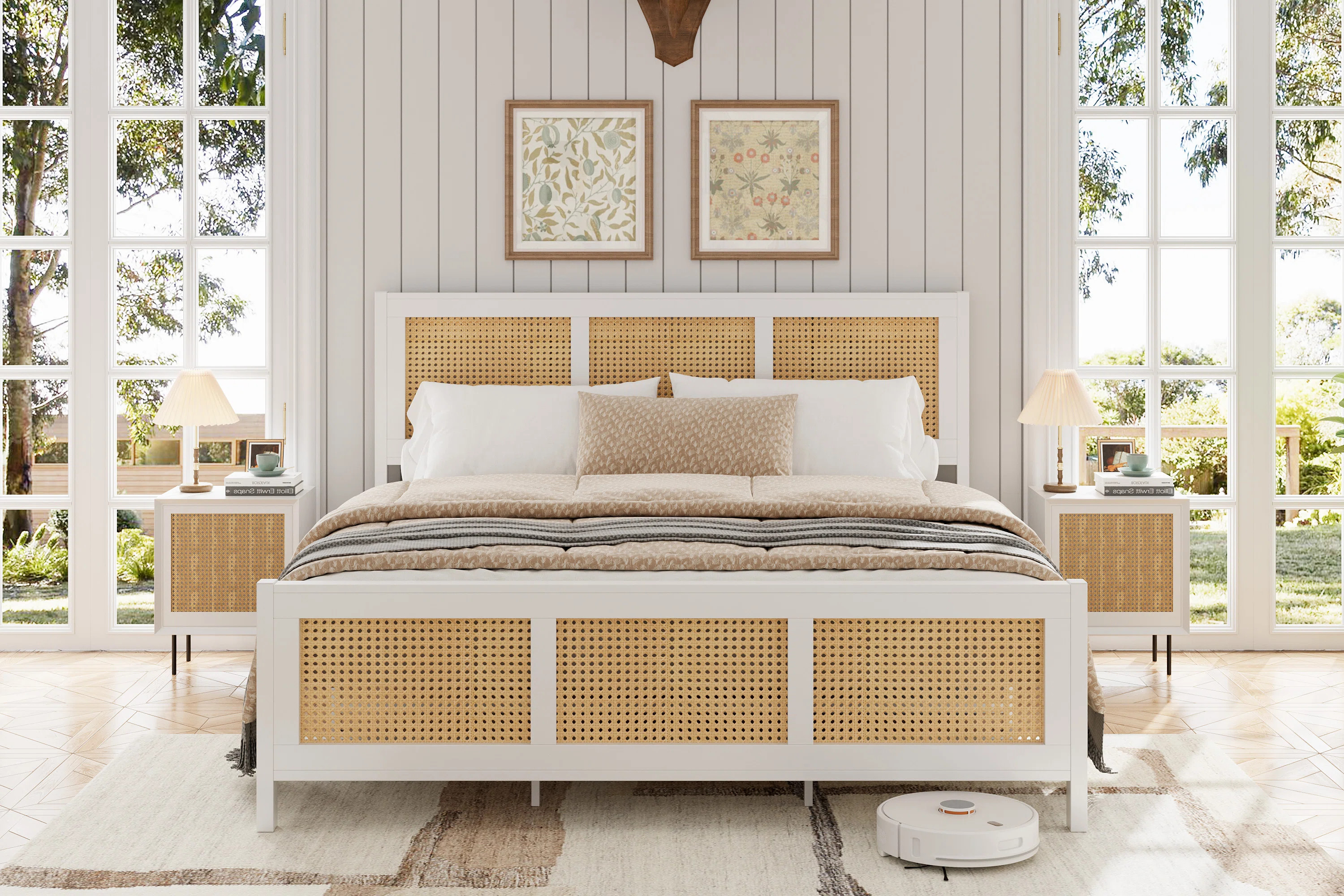 Rattan Bed Frame With Headboard, White Boho Cane Platform Bed Frame With Strong Metal Slat, Noise... | Wayfair North America