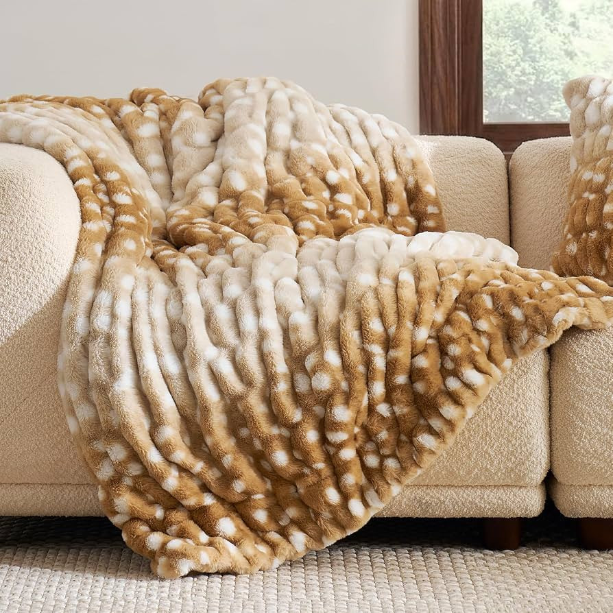 Cozy Bliss Premium Ruched Faux Fur Throw Blanket for Couch, Double-Sided Soft Textured Fuzzy Plus... | Amazon (US)
