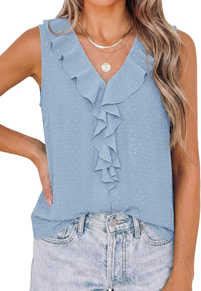 PRETTYGARDEN Womens Tank Tops 2026 Summer Dressy Casual Blouses Sleeveless Ruffle V Neck Swiss Do... | Amazon (US)