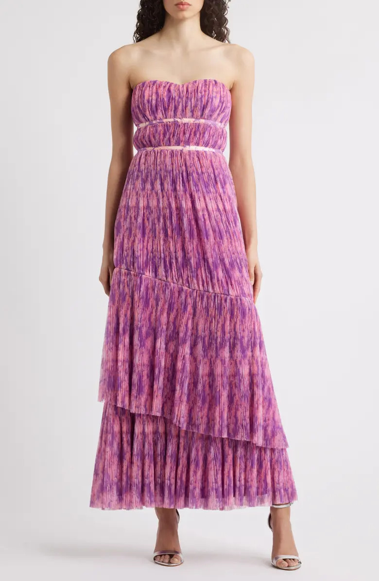 Print Plissé Layered Ruffle Strapless Gown | Nordstrom