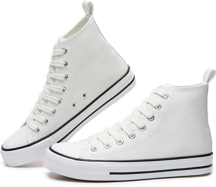 FINIWOR Women's High Top Sneakers PU Leather Fashion Sneakers Women Lace-Up Black and White High ... | Amazon (US)